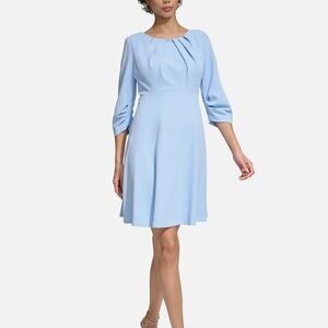 NWT Calvin Klein‎ Pleated Shift 3/4 Sleeve Ruched A-Line Dress Blue Serene